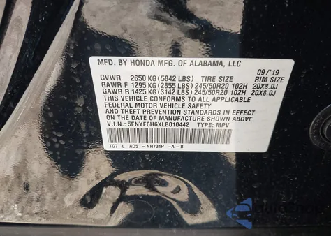 2020 Honda Pilot Awd Touring 7 Passenger из США, поврежденный, VIN 5FNYF6H6XLB010442